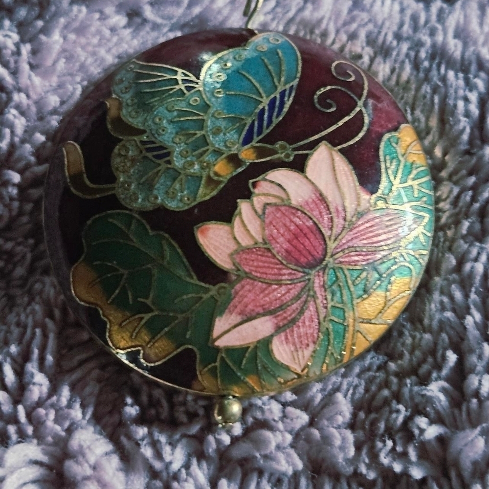 Enamel Red, Teal, Gold Cloisonne Round Butterfly Pendant